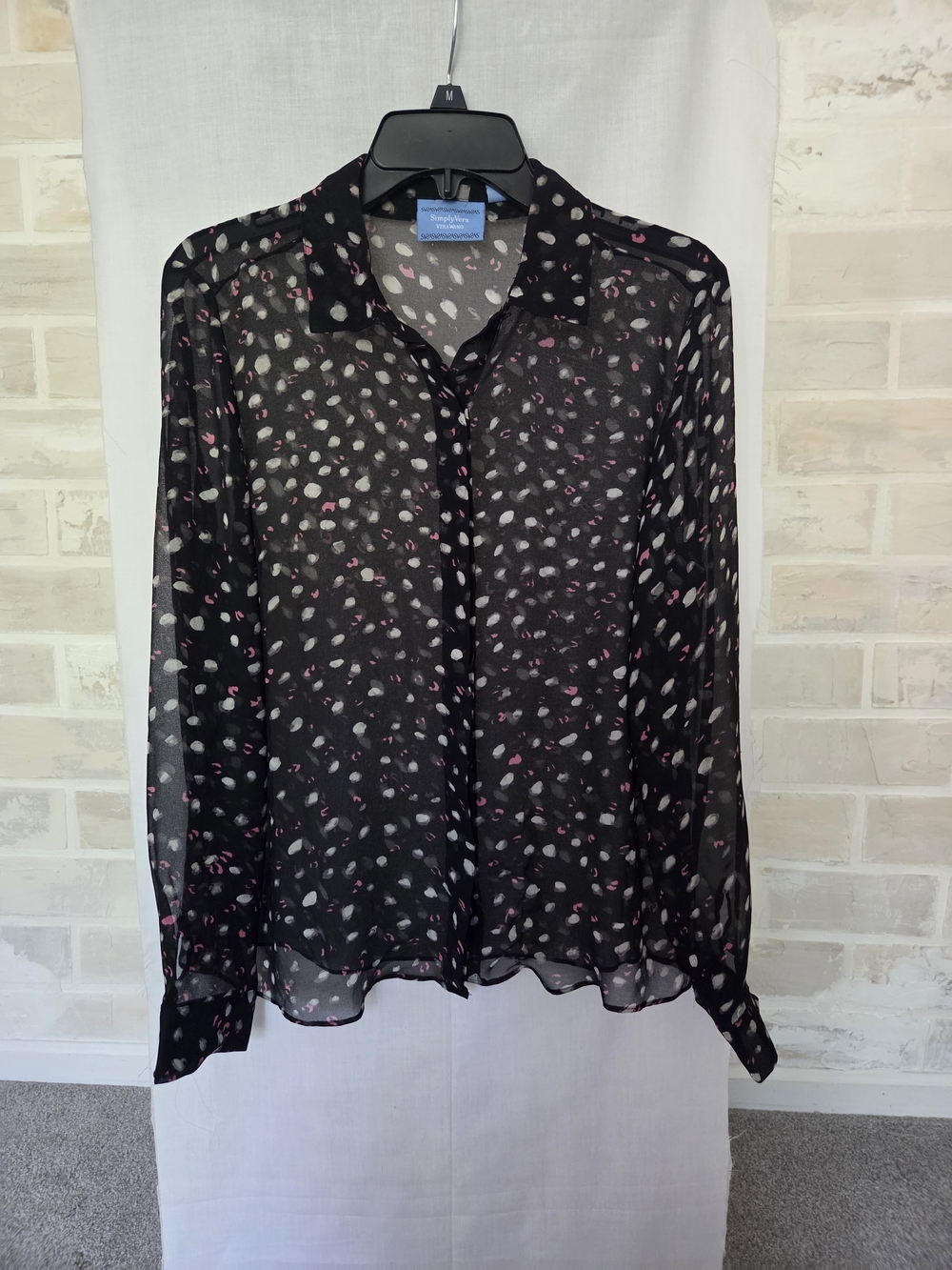 Vera Wang Black Sheer Button-Up Blouse with Pink & White Spot Print